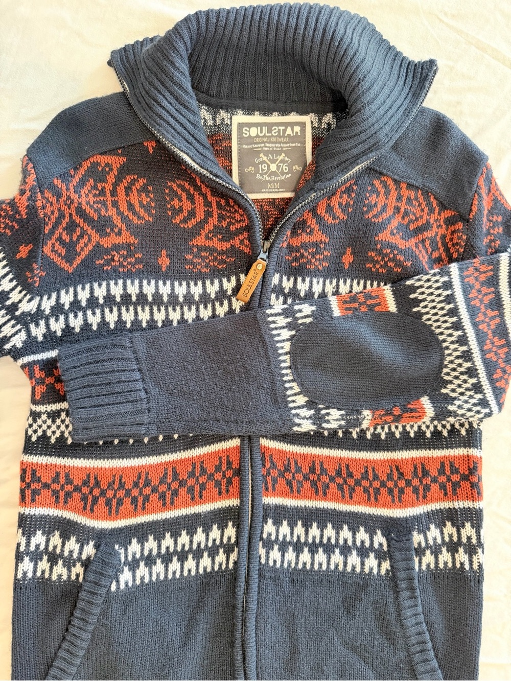 Soulstar Men’s Full Zip Fair Isle Knit Sweater High Neck Pockets M Blue Vintage